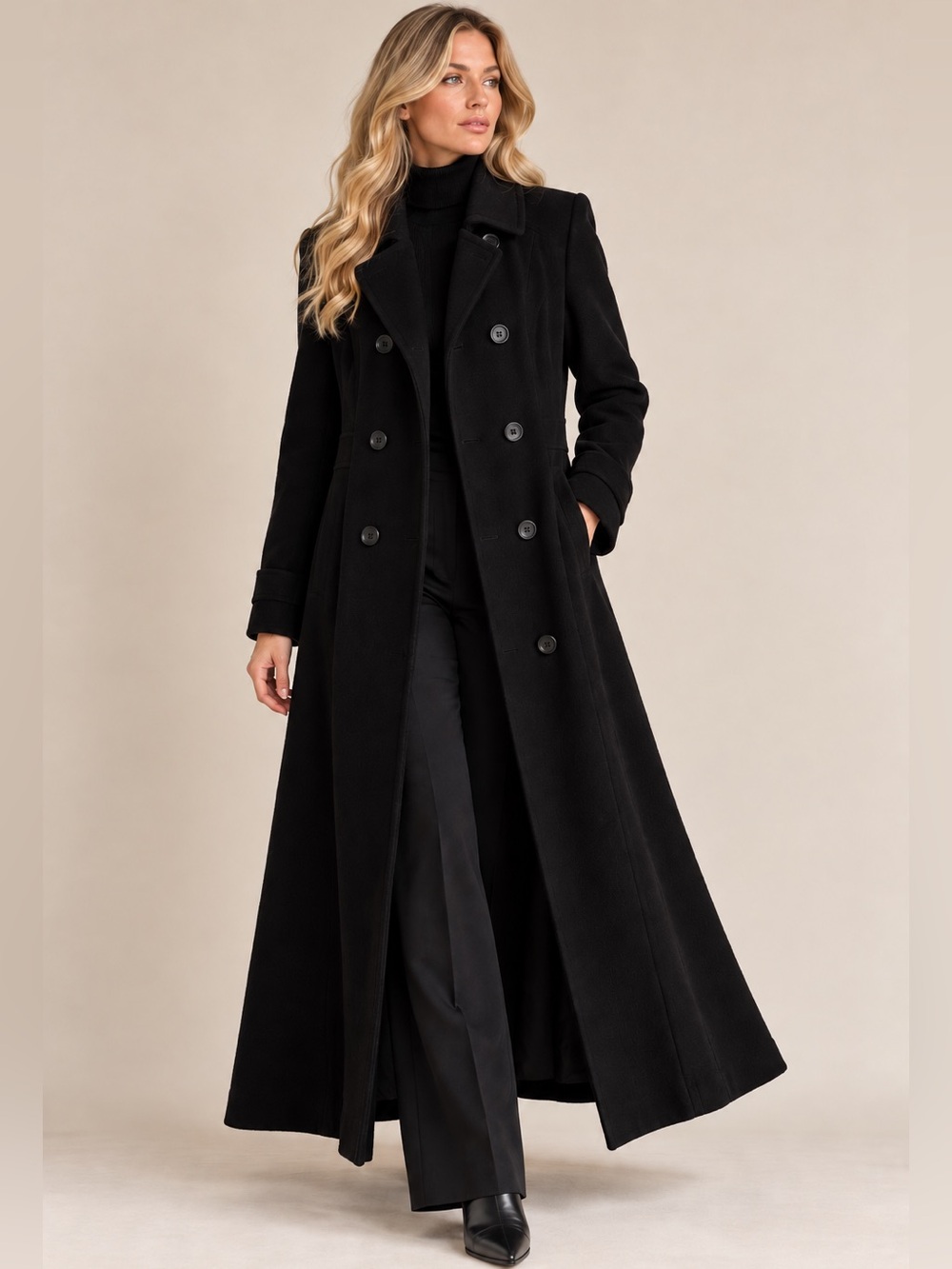 Windsmoor Wool Cashmere Maxi Coat Black Double Breasted Size 14